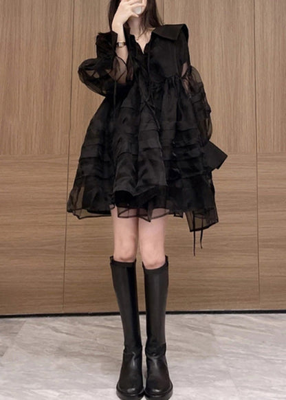 Black V Neck Tulle Mid Dresses Long Sleeve