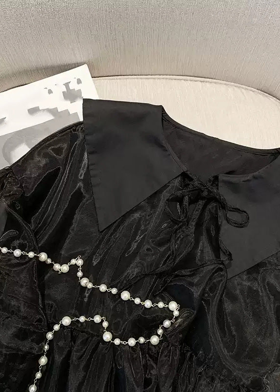 Black V Neck Tulle Mid Dresses Long Sleeve