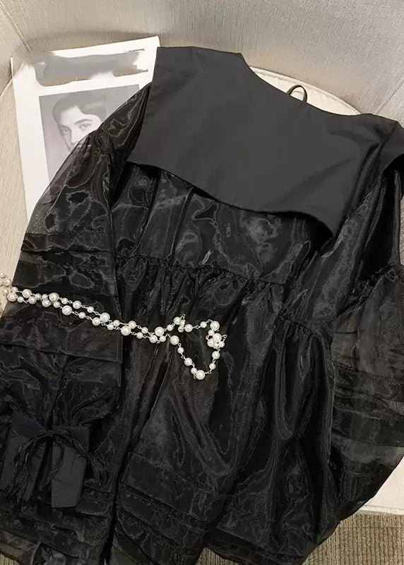 Black V Neck Tulle Mid Dresses Long Sleeve