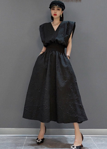 Black V Neck Tunic Print Pockets Dress Sleeveless