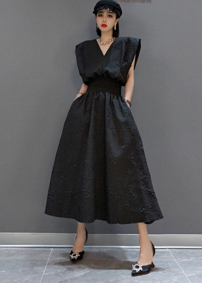 Black V Neck Tunic Print Pockets Dress Sleeveless
