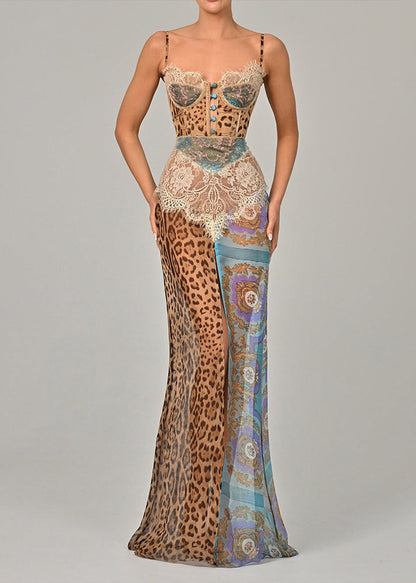 Blue Leopard Lace Patchwork Chiffon Spaghetti Strap Dress Sleeveless