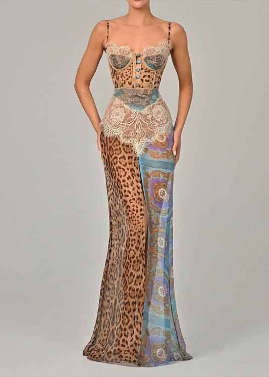Blue Leopard Lace Patchwork Chiffon Spaghetti Strap Dress Sleeveless