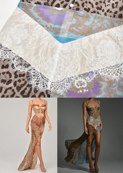 Blue Leopard Lace Patchwork Chiffon Spaghetti Strap Dress Sleeveless