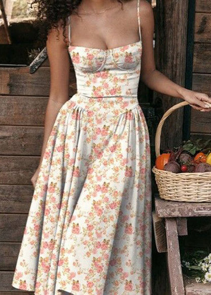 Blue Print Bustier Top Cotton Spaghetti Strap Dress Sleeveless