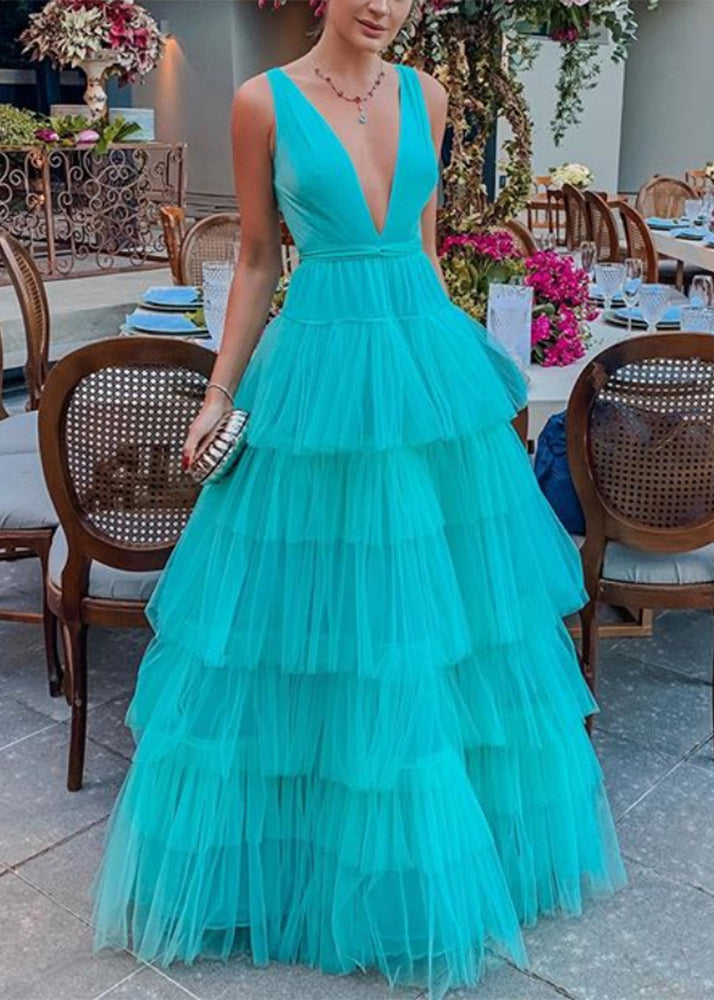Blue V Neck High Waist Tulle Dress Sleeveless