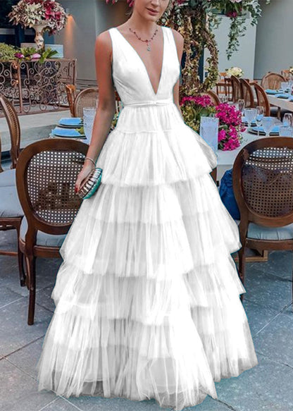 Blue V Neck High Waist Tulle Dress Sleeveless