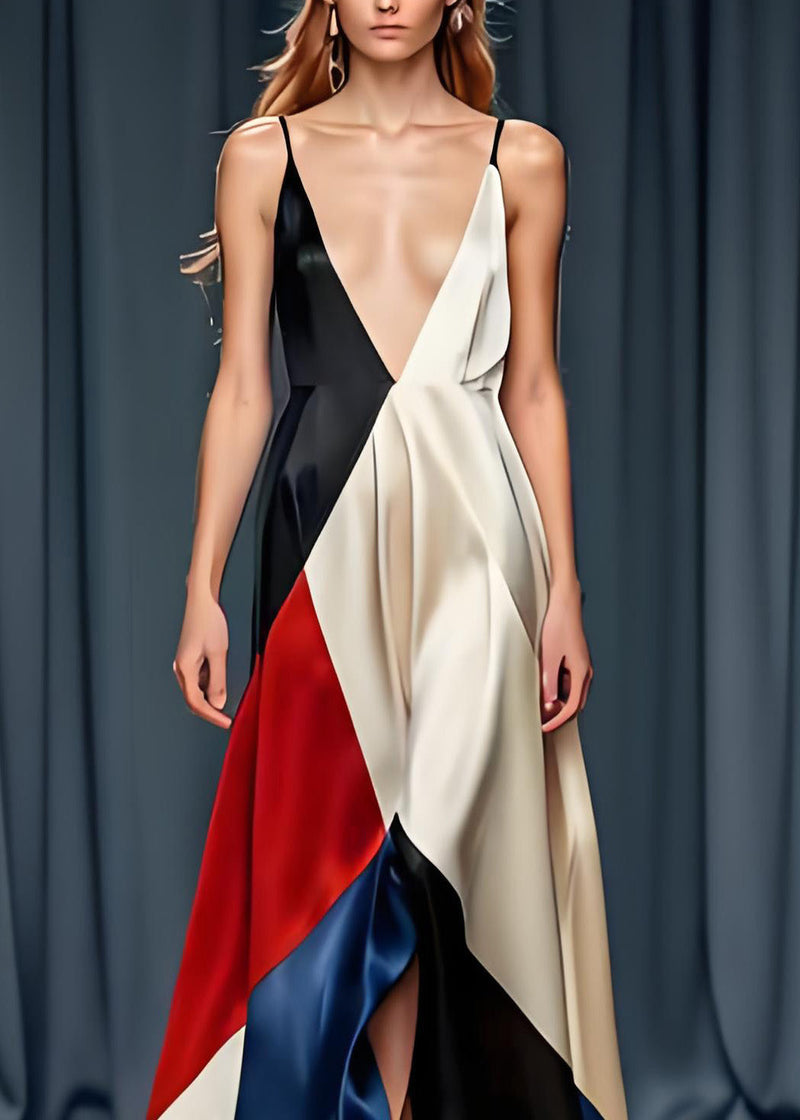 Colorblock V Neck Silk Spaghetti Strap Party Dress Sleeveless