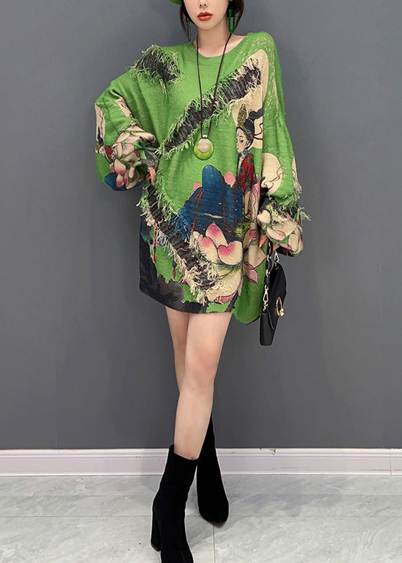 Green O-neck Print Tassel Knit Sweater Winter