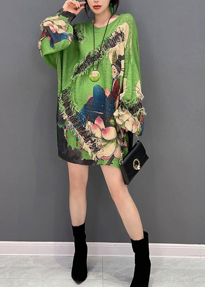 Green O-neck Print Tassel Knit Sweater Winter
