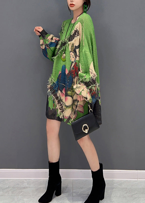 Green O-neck Print Tassel Knit Sweater Winter