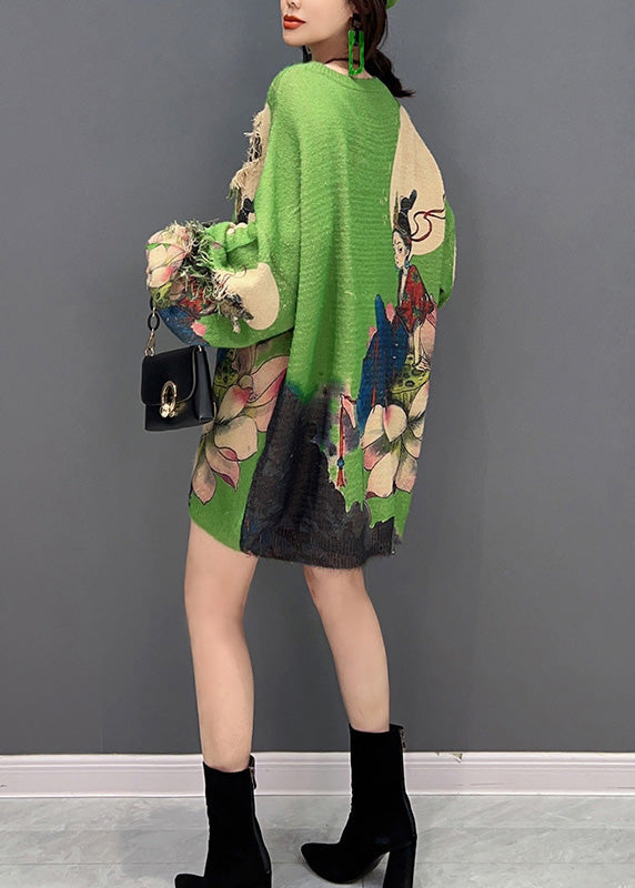 Green O-neck Print Tassel Knit Sweater Winter