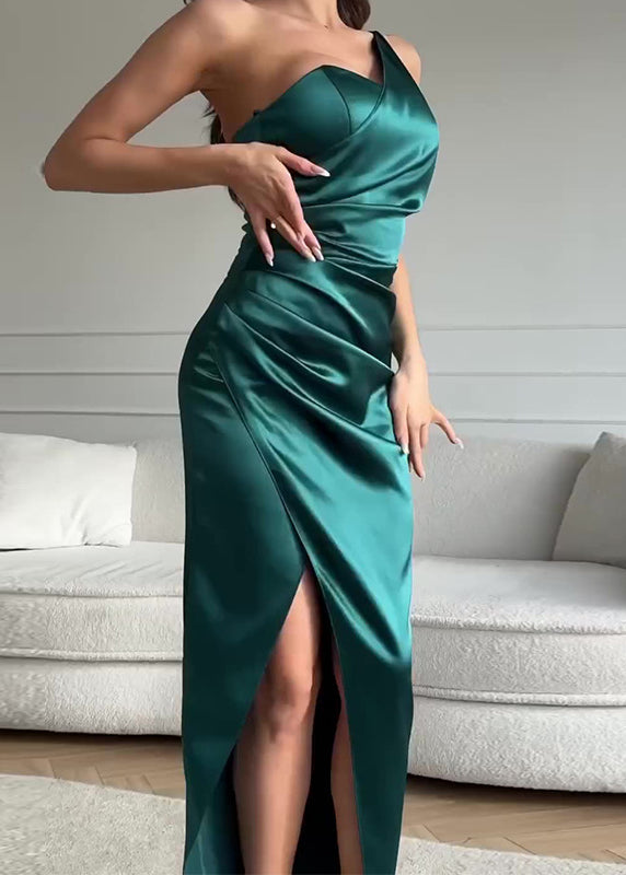 Green One Shoulder Side Open Slim Fit Silk Dress Sleeveless