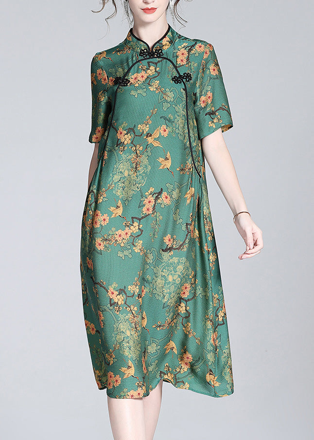 Green Stand Collar Print Button Silk Maxi Dress Short Sleeve