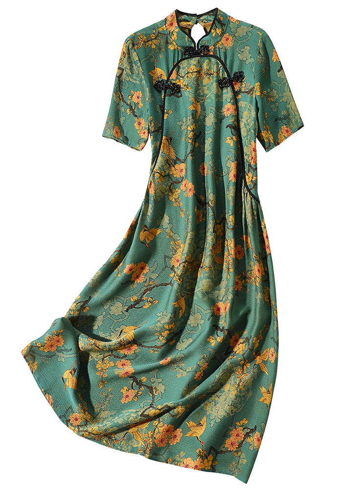 Green Stand Collar Print Button Silk Maxi Dress Short Sleeve