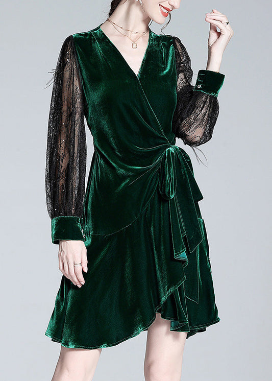 Green V Neck Tulle Patchwork Tie Waist Silk Velour Holiday Mid Dress Spring