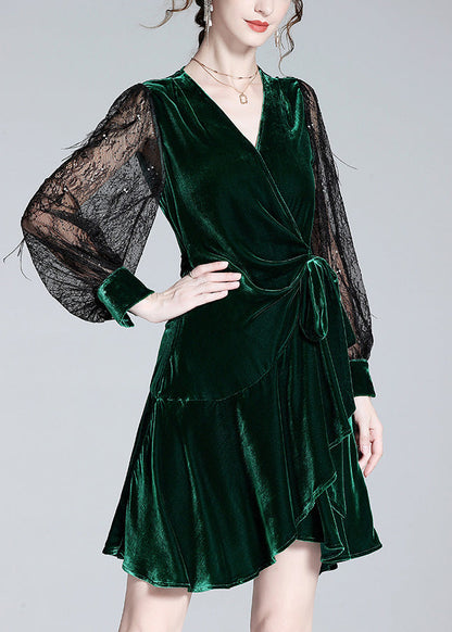 Green V Neck Tulle Patchwork Tie Waist Silk Velour Holiday Mid Dress Spring