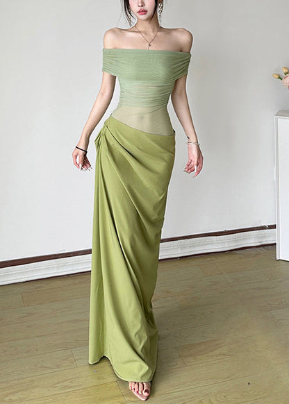 Green Wrinkled Tulle Patchwork Maxi Dresses Summer