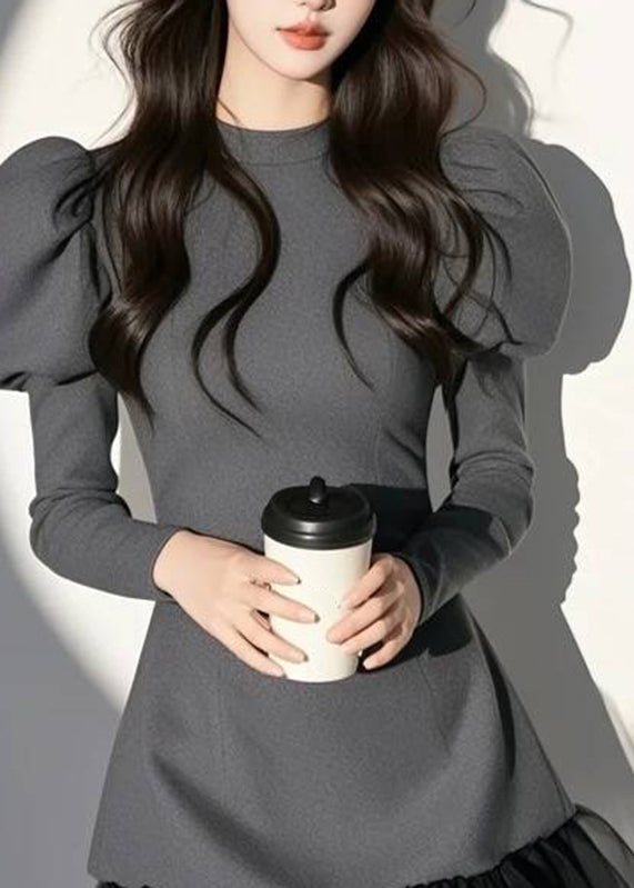 Grey O-neck Patchwork Mid Dress Puff Sleeve