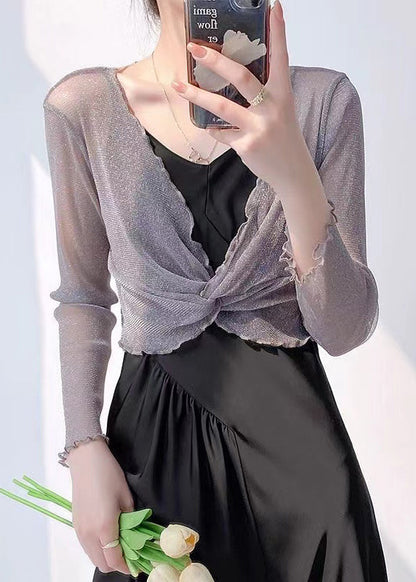 Grey V Neck Wrinkled Tulle Top Long Sleeve