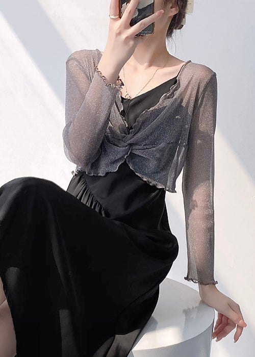 Grey V Neck Wrinkled Tulle Top Long Sleeve