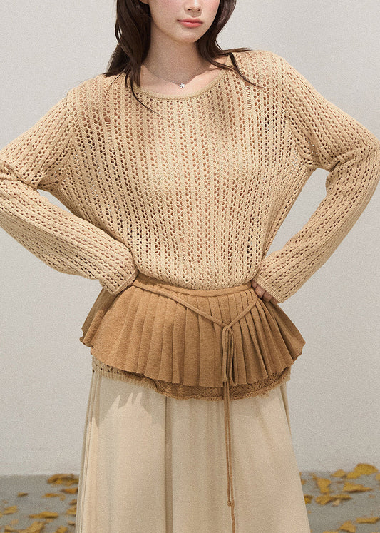 Khaki Hollow Out Knit Pullover Tops Fall
