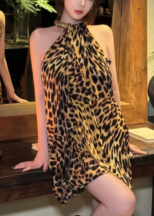 Leopard Cold Shoulder Original Design Cotton Mini Dress Sleeveless