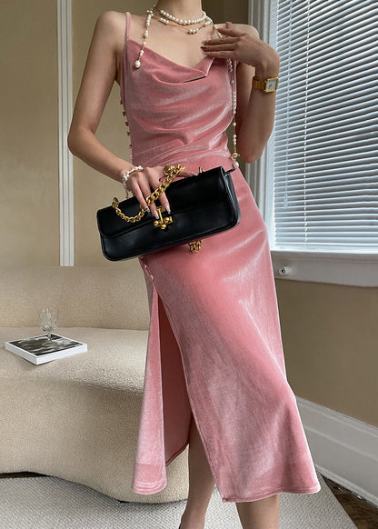 Pink Button Side Open Silk Velvet Spaghetti Strap Dress Sleeveless