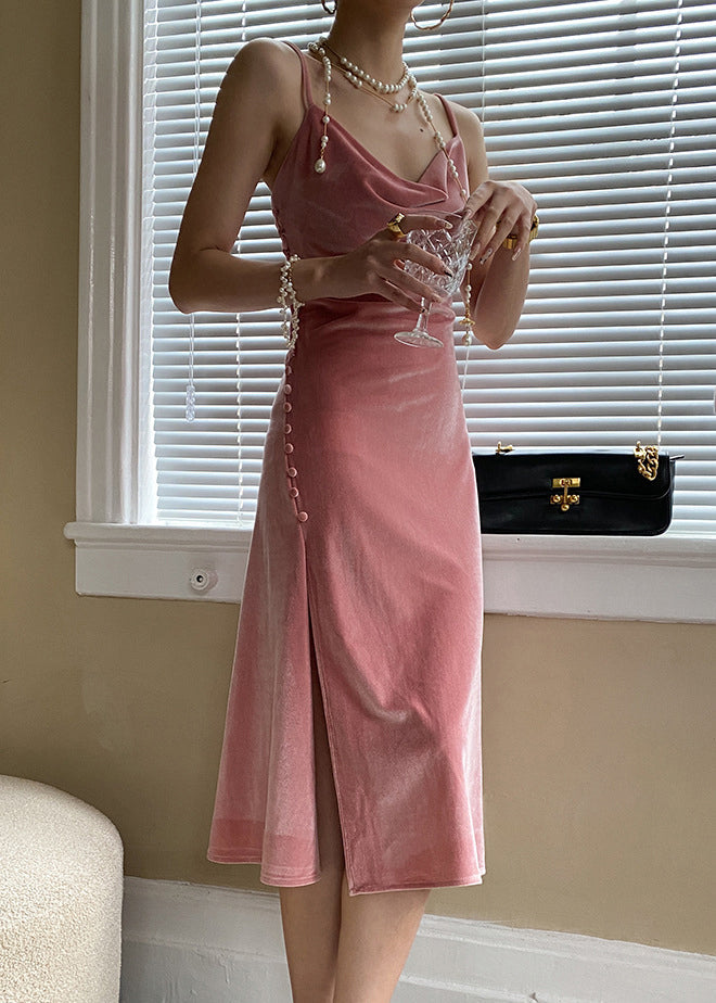 Pink Button Side Open Silk Velvet Spaghetti Strap Dress Sleeveless