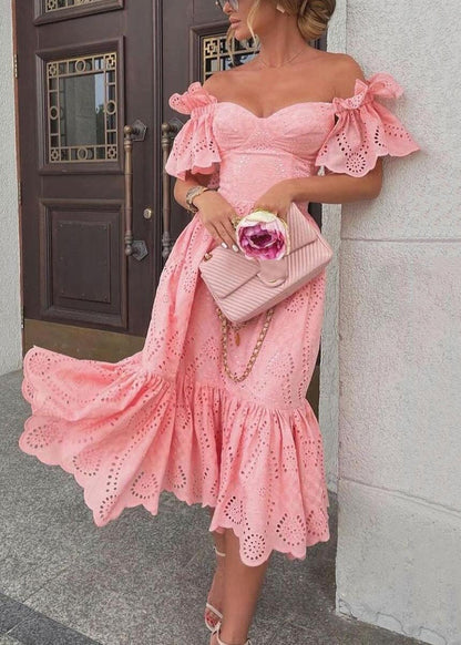 Pink Hollow Out Cotton Dresses Summer