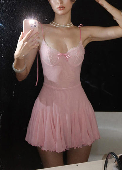 Pink Patchwork Tulle Mid Spaghetti Strap Dress Sleeveless