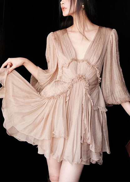 Pink Ruffled Lace Up Patchwork Chiffon Mid Dress Half Sleeve