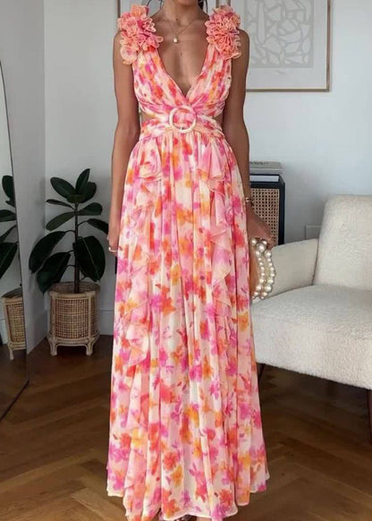 Pink Ruffled Print Lace Up Cotton Maxi Dress Sleeveless