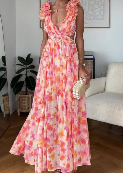 Pink Ruffled Print Lace Up Cotton Maxi Dress Sleeveless