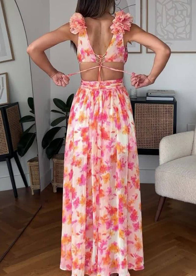 Pink Ruffled Print Lace Up Cotton Maxi Dress Sleeveless