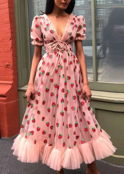 Pink V Neck Ruffled Lace Up Tulle Maxi Dresses Summer