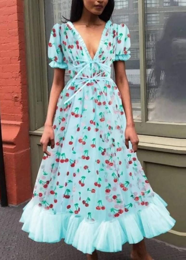 Pink V Neck Ruffled Lace Up Tulle Maxi Dresses Summer