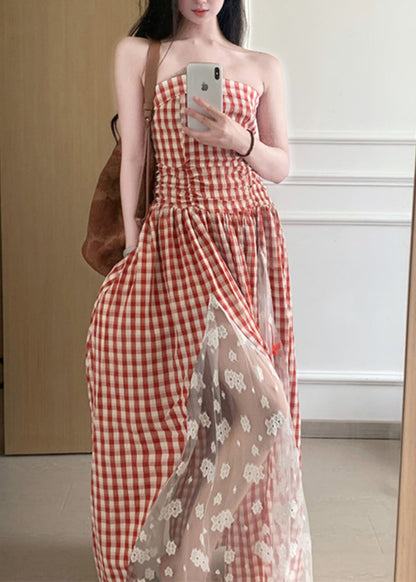 Plaid Strapless Pockets Patchwork Cotton Dress Sleeveless
