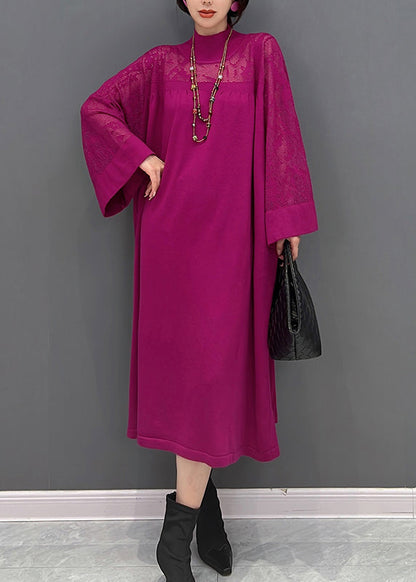 Purple Turtleneck Patchwork Knit Maxi Dress Fall