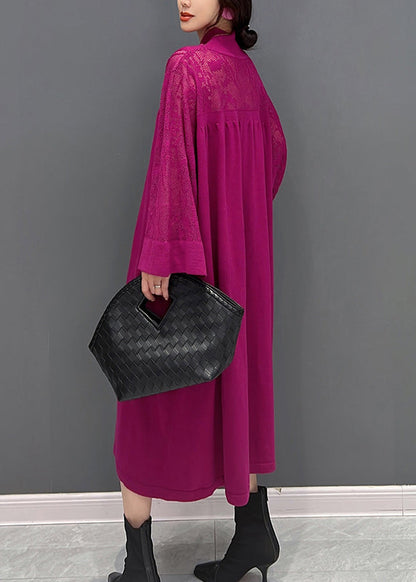 Purple Turtleneck Patchwork Knit Maxi Dress Fall