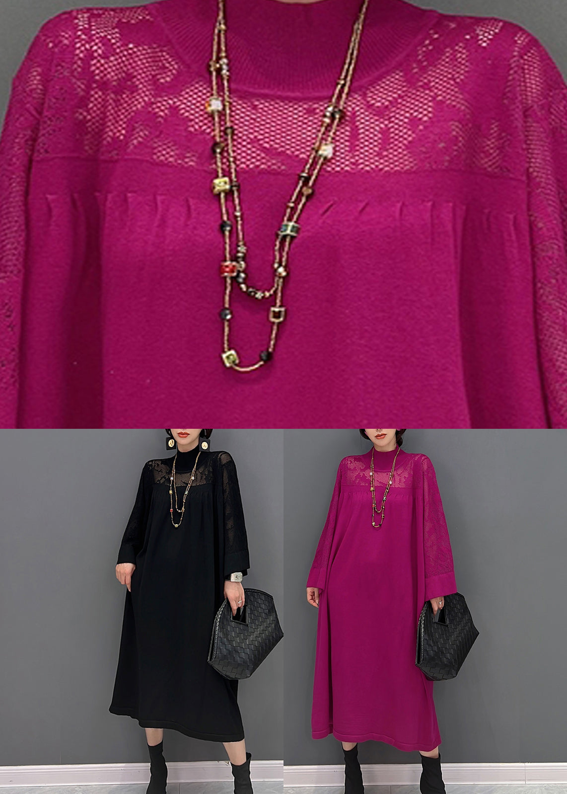 Purple Turtleneck Patchwork Knit Maxi Dress Fall