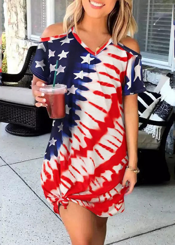 Red Blue V Neck Independence Day Print Off the Shoulder Spaghetti Strap Mid Dress Short Sleeve