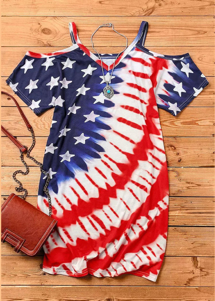 Red Blue V Neck Independence Day Print Off the Shoulder Spaghetti Strap Mid Dress Short Sleeve
