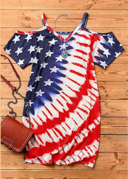 Red Blue V Neck Independence Day Print Off the Shoulder Spaghetti Strap Mid Dress Short Sleeve