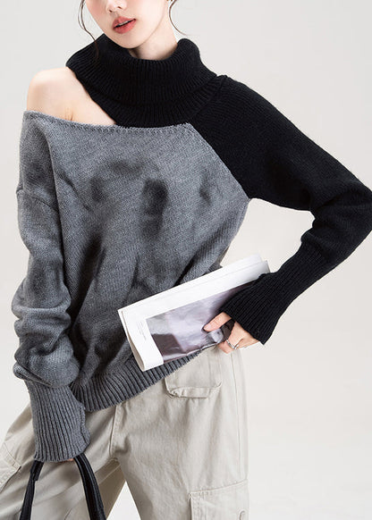 Red Cold Shoulder Patchwork Knit Sweaters Spring