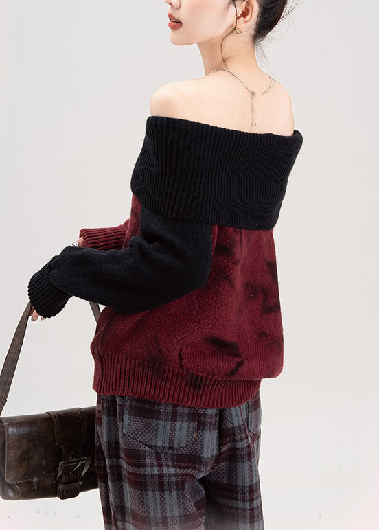 Red Cold Shoulder Patchwork Knit Sweaters Spring