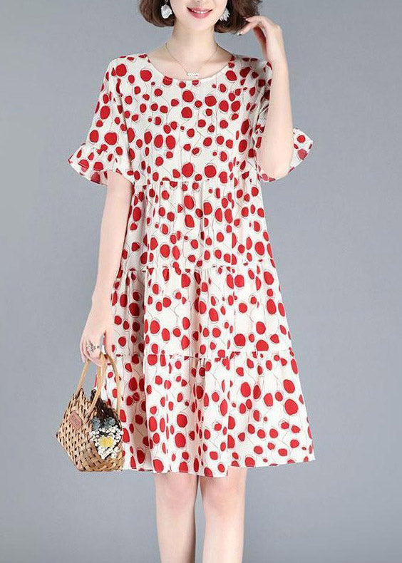 Red O-neck Dot Print Wrinkled Mid Dresses Short Sleeve