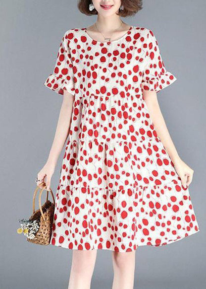 Red O-neck Dot Print Wrinkled Mid Dresses Short Sleeve