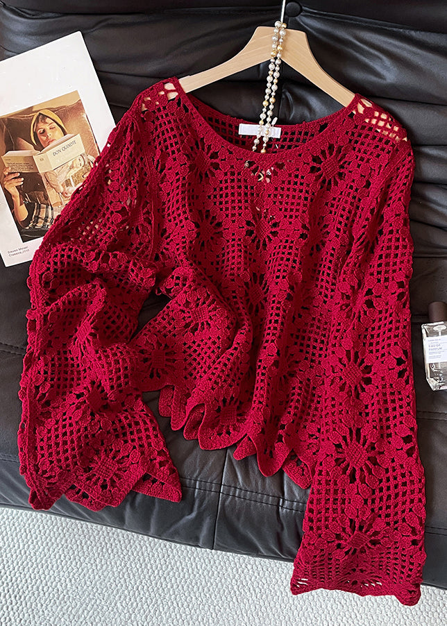 Red O Neck Hollow Out Knit Sweater Fall