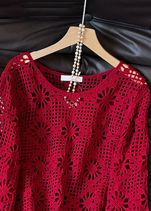 Red O Neck Hollow Out Knit Sweater Fall